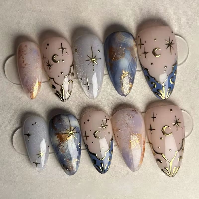 Nail Art Glitter - 24개 짧은 아몬드 네일 세트 풀커버