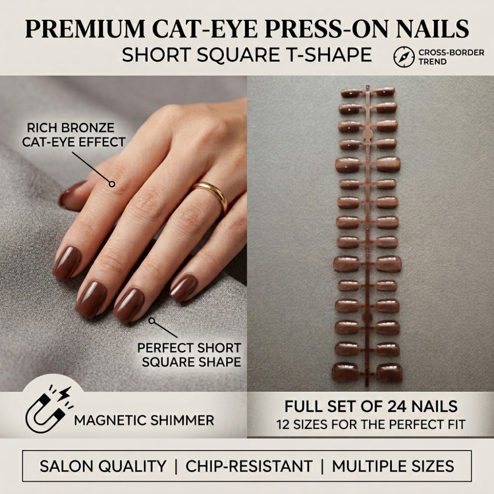 Nail Art Extension Cat Eye - 24개입 짧은 스퀘어 프레스온 네일, 풍부한