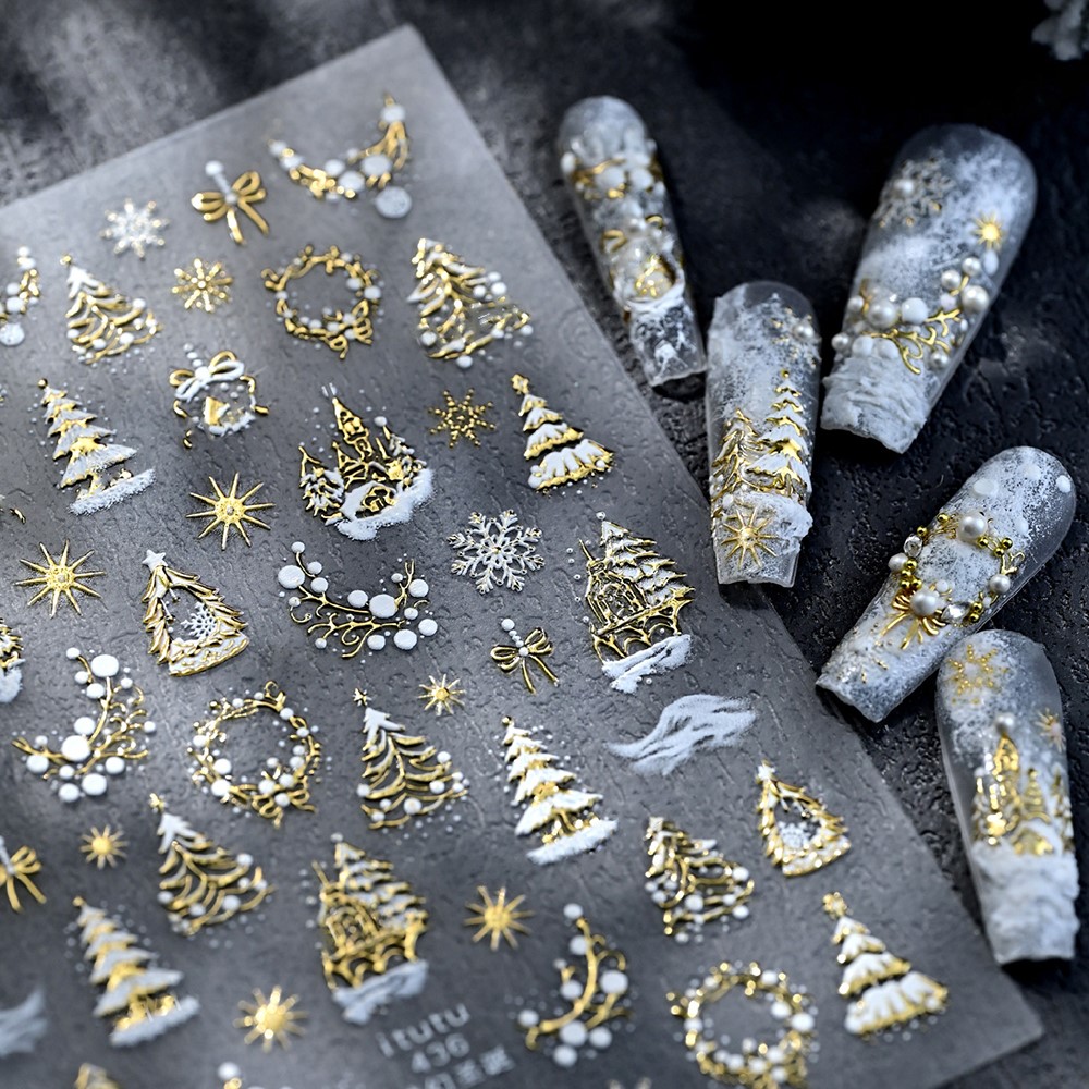 Nail Art Xmas Design - 5D 엠보싱 골드 성/가랜드/크리스마스 트리 네일