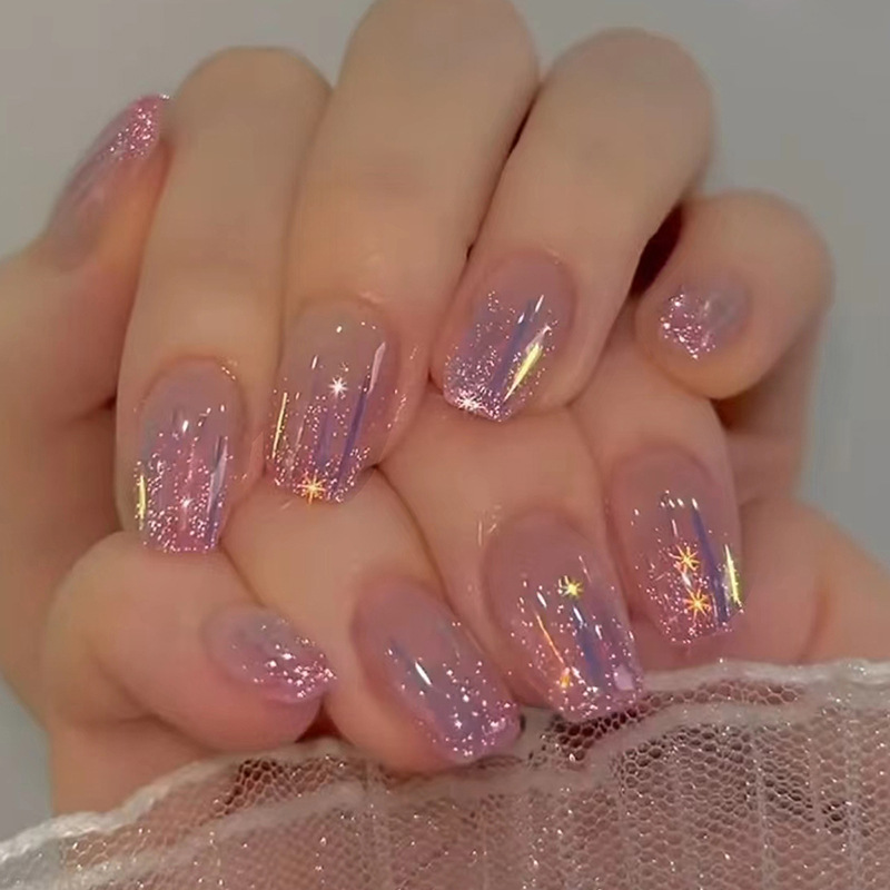 Nail Art Glitter - 여성용 짧은 인조 손톱, 누드 퍼플