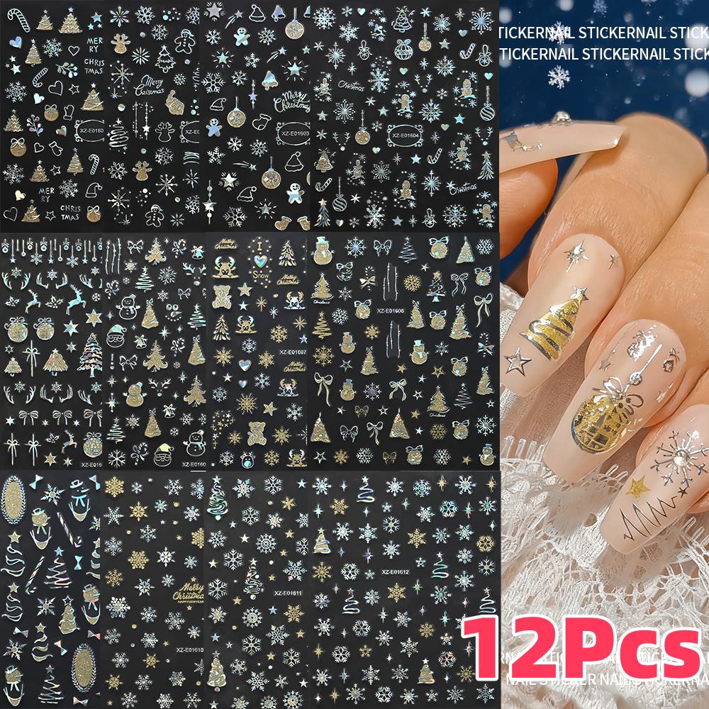 12개입 3D 레이저 실버 크리스마스 네일 스티커 반짝 - Nail Art Xmas Design 리뷰 및 가격