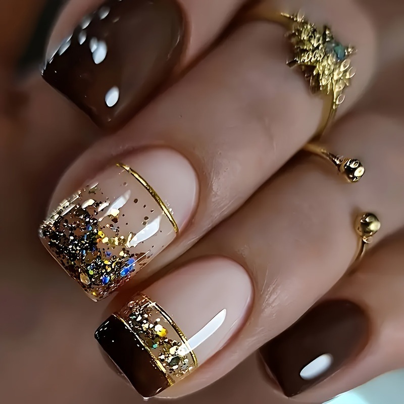 여성용 짧은 사각형 가짜 손톱, 광택 있는 갈색 팁,  - Nail Art Glitter 리뷰 및 가격