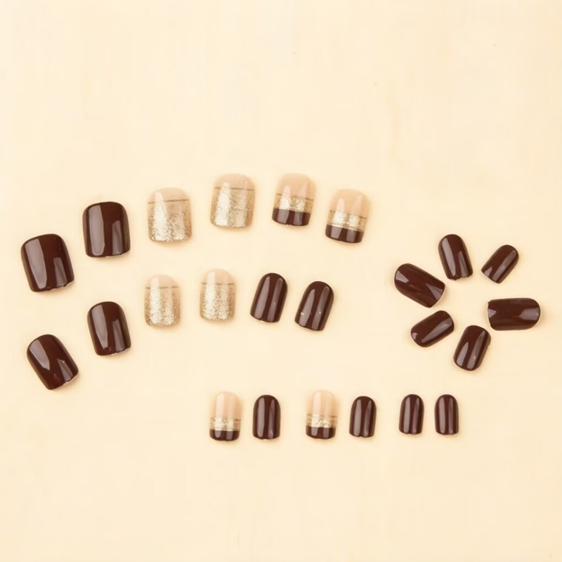 여성용 짧은 사각형 가짜 손톱, 광택 있는 갈색 팁,  - Nail Art Glitter 리뷰 및 가격