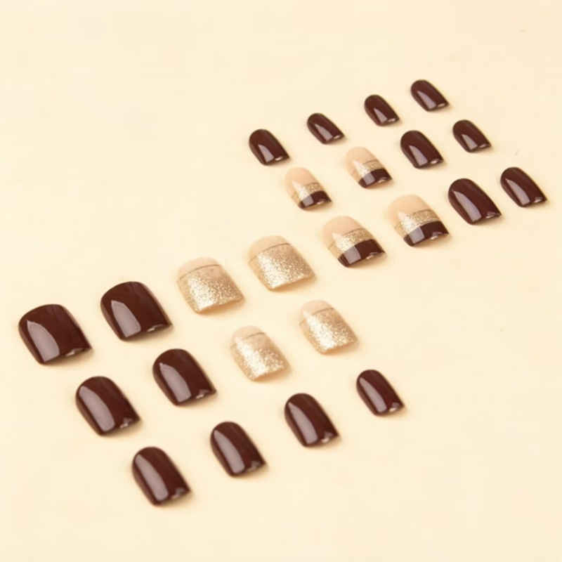 여성용 짧은 사각형 가짜 손톱, 광택 있는 갈색 팁,  - Nail Art Glitter 리뷰 및 가격