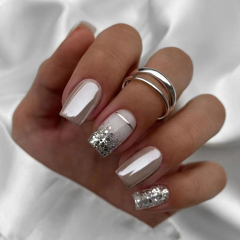 여성용 짧은 사각형 가짜 손톱, 광택 있는 갈색 팁,  - Nail Art Glitter 리뷰 및 가격