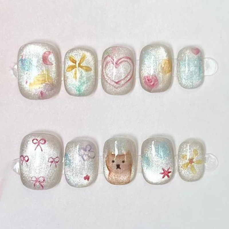 10Pcs 귀여운 짧은 라운드 수제 가짜 네일 반짝이  - Nail Art Glitter 리뷰 및 가격