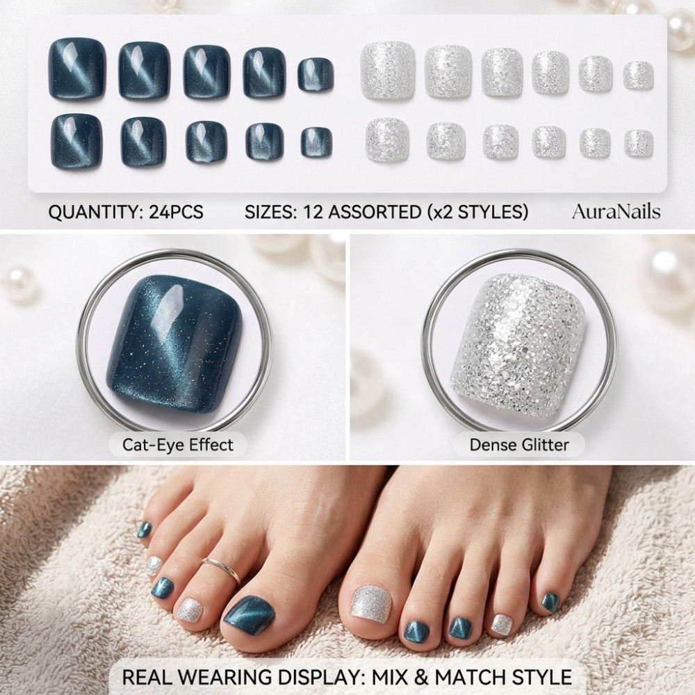 24개 오션 블루 캣아이 발톱 실버 글리터 프레스온 토 - Nail Art Glitter 리뷰 및 가격