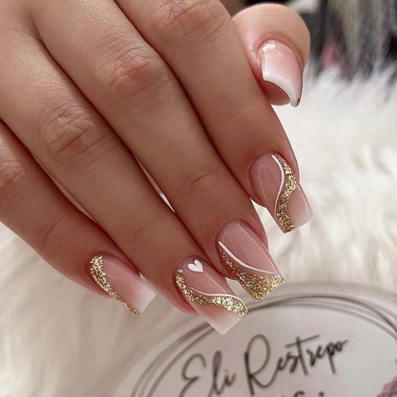 여성용 짧은 중간 길이의 프렌치 스퀘어 네일 팁, 금색 - Nail Art Glitter 리뷰 및 가격